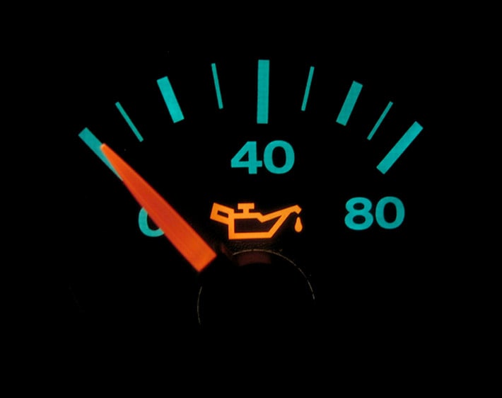Close up of oil pressure gauge on car dashboard, with gauge reading at low level
