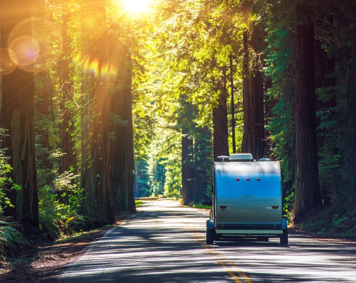 Travel trailer being pulled through California Redwoods, headed into the sun
